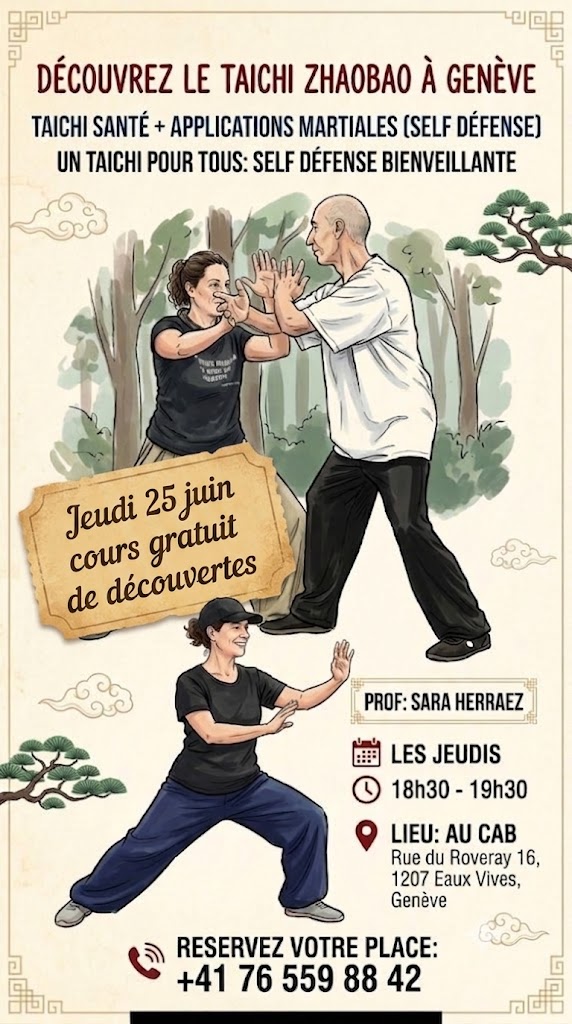 cours-gratuit-taichi-zhaobao-juin-geneve Affiche publicitaire pour cours de Taichi Zhaobao à Genève Eaux-Vives : séance découverte gratuite le jeudi 25 juin avec Sara Herraez