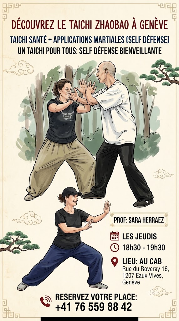 cours-taichi-zhaobao-geneve-sara-herraez Affiche publicitaire pour cours de Taichi Zhaobao à Genève Eaux-Vives avec Sara Herraez, incluant illustrations de mouvements de taichi et informations de contact